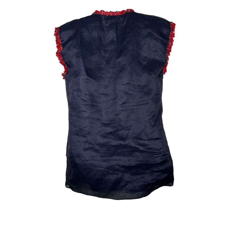 RARE Jupe by Jackie Mask Embroidered Fringe Organza Navy Sleeveless Top XS - Picture 6 of 9